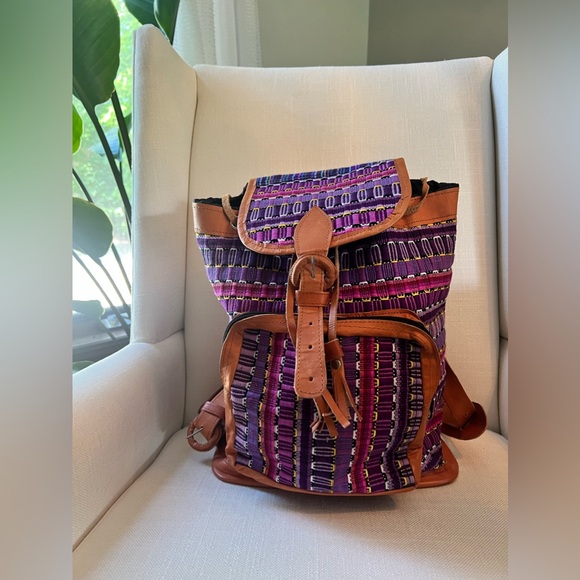 VTG Leather Mexican Blanket Backpack Boho Hippy Chic Purse Bag Tote Tapestry - Picture 5 of 8